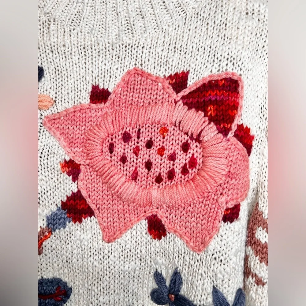 RARE Ulla Johnson Palma Embroidered Knit Peplum Sweater Crocheted Handmade Sz ML - Picture 3 of 8